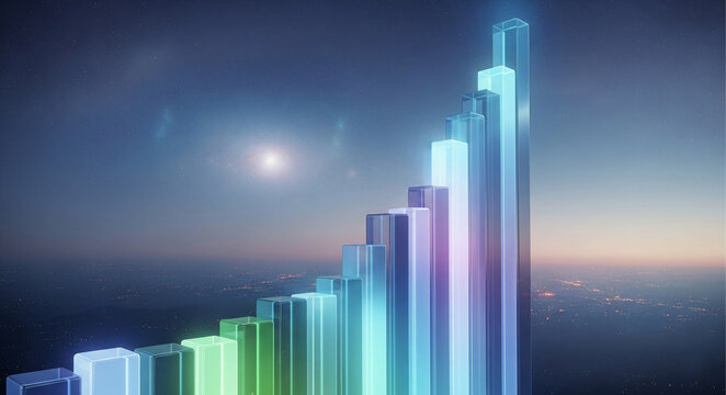 Ascending translucent bar graph against a soft blue and orange sky background view
