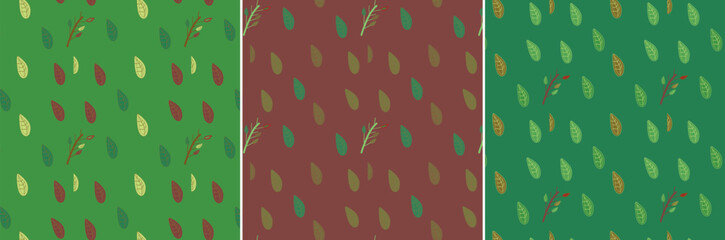 Abstract Seamless Pattern With Decorative Colorful Leaves And Branches, with Color Variations