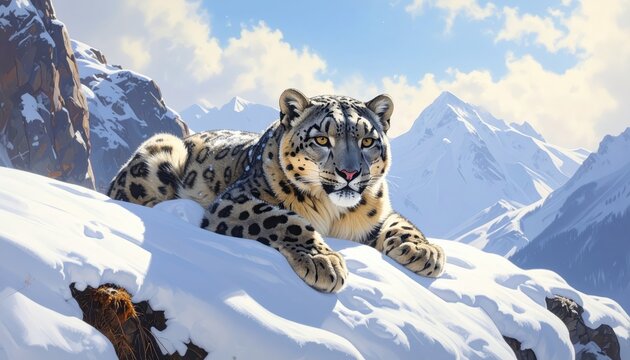 A majestic snow leopard rests regal atop a snow-covered mountain peak, bathed in the vibrant sunlight of a serene winter day.