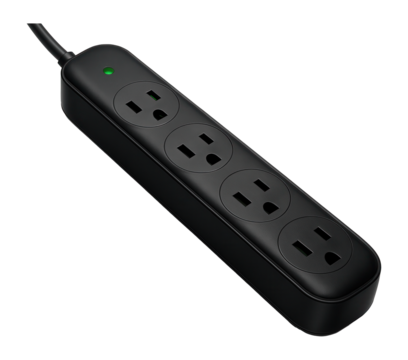 Black power strip with multiple outlets and surge protection