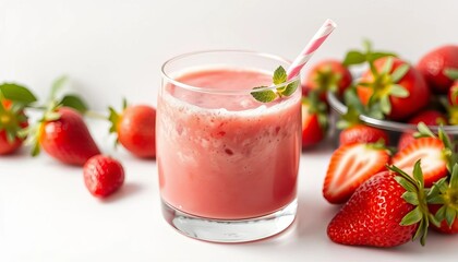 Refreshing pink strawberry smoothie in a glass against a clean white background,  healthy, smoothie