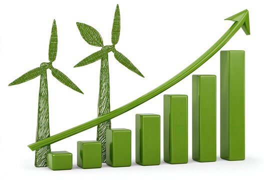 Green graph chart with wind turbines, illustrating growth and sustainability