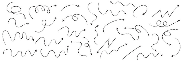Curved dotted arrow. Collection of curved hand drawn arrows. Zigzag arrow stripes design with dotted lines.