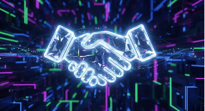Digital handshake with neon lines and geometric shapes in a dark blue background design concept - Powered by Adobe