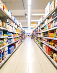 A wide-angle view of a supermarket aisle filled with various products neatly displayed on shelves. Bright lighting enhances the colorful packaging of food, beverages, and household items.