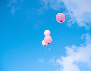 Three pink balloons float against a vibrant blue sky with scattered clouds