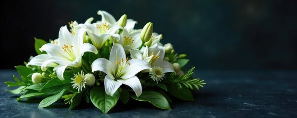 Elegant White Lily Funeral Wreath on Dark Surface  Somber Sympathy and Remembrance Imagery