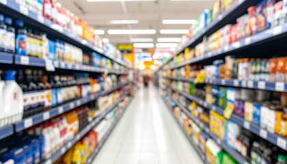 Fototapeta premium A wide-angle view of a supermarket aisle filled with various products neatly displayed on shelves. Bright lighting enhances the colorful packaging of food, beverages, and household items.