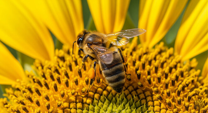 A close up of a honeybee collecting pollen from a bright yellow sunflower in the sunshine outdoors