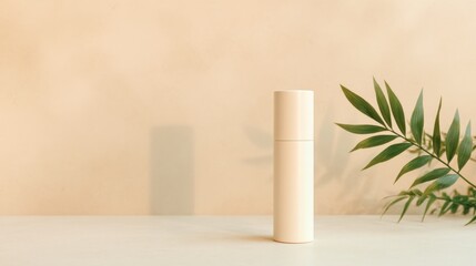Beige cosmetic bottle with cap placed on surface with tropical leaf casting shadow, warm minimalist composition for skincare branding.