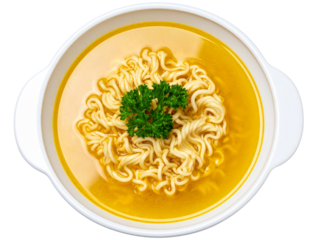  Top View of Instant Noodles in White Ceramic Bowl with Fresh Parsley Garnish, Transparent PNG