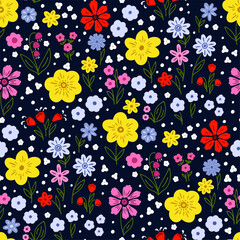 Amazing seamless floral pattern with bright colorful flowers and leaves on a black background. Modern floral background. Folk style