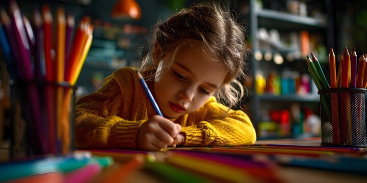 Young Girl Drawing with Blue Colored Pencil Surrounded by Art Supplies in Classroom perfect for education campaigns, creative learning promotions, children's art programs and school activity brochures