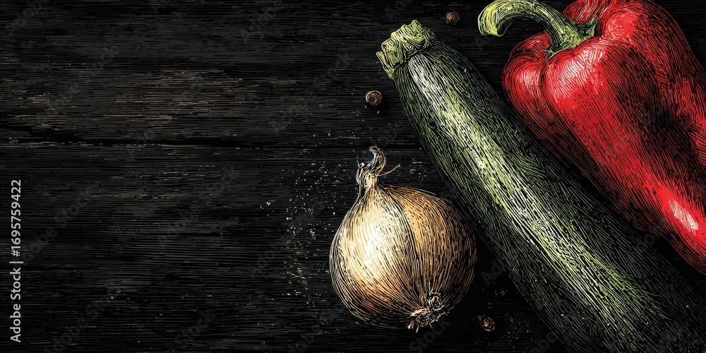 Poster fresh vegetables on dark wooden surface, creating a rustic food background with space for text