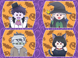 ハロウィン仮装（ヴァンパイア・魔女・ミイラ男・ネコ娘のコスプレ）オバケ背景 紫