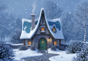 Naklejka premium Whimsical snow-covered cottage with warm lights welcoming in a winter wonderland scene