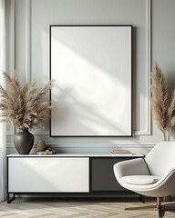 Modern living room mockup with empty frame and pampas grass displaying chic interior design elements