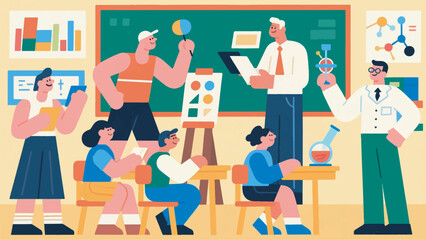 illustration of teacher interacting with students in a unique and positive way vector design template