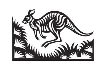 Stylized Leaping Kangaroo Silhouette with Grass on White Background