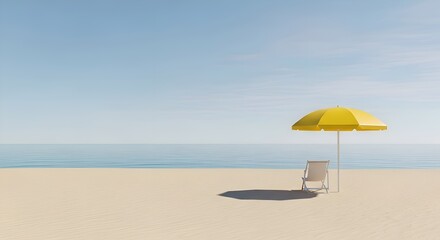 Relaxing sunny beach scene with yellow umbrella and chair for vacation summer vibes and peaceful ocean view