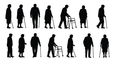 elderly people walking with canes and walkers silhouette