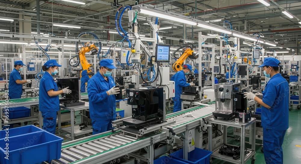 Poster automated production line of appliances with workers in uniform.