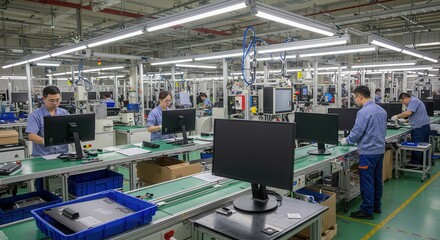 A large manufacturing facility with numerous workers on assembly lines, focused on electronic device production.