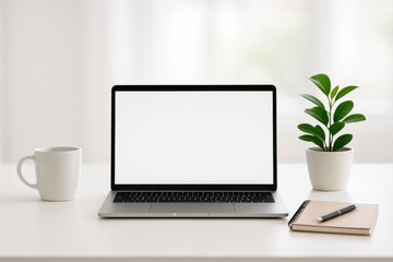 Fototapeta premium Laptop computer with blank screen on desk next to coffee mug and potted plant workspace technology