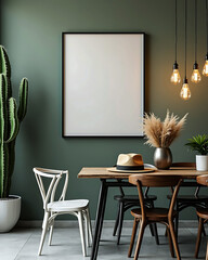 Cozy dining room scene with mockup frame and cactus plant modern home decor interior design