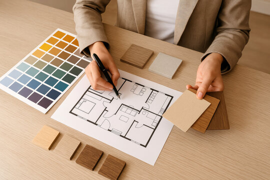 Interior designer selecting wood samples and color swatches for a home renovation project planning home decor - Powered by Adobe