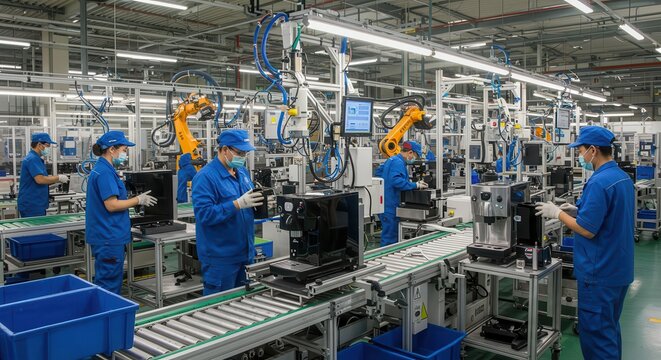 Automated production line of appliances with workers in uniform.