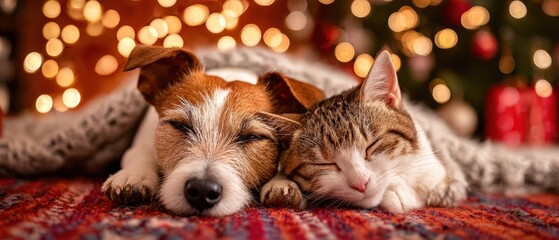 Fototapeta na wymiar Adorable pets lying together on colorful carpet in cozy home setting with Christmas tree and gifts in background