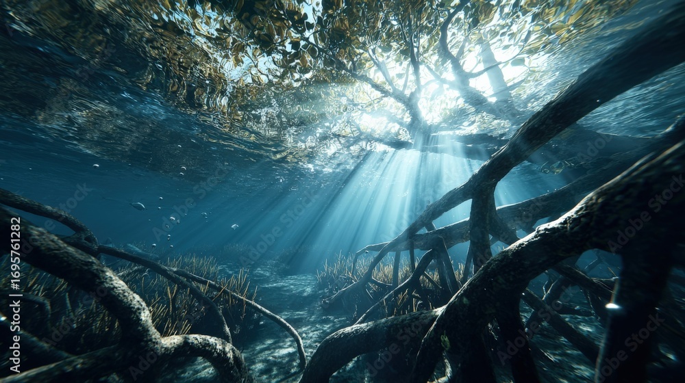 Poster underwater mangrove forest with sunbeams filtering through the canopy, creating a serene and mystica