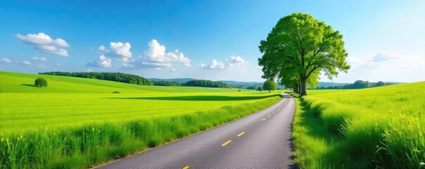 Winding Country Road through Lush Green Fields and Towering Trees under a Bright Blue Sky Idyllic Scenery Perfect for Travel and Nature Photography