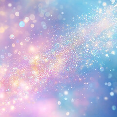 Sparkling pastel galaxy background with glittery light trail and soft bokeh effect in pink, blue, and golden hues
