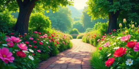 Winding Garden Path Vibrant Flowers, Lush Greenery, Idyllic Tranquility. Perfect for nature, serenity, beauty, landscaping, and travel themes.