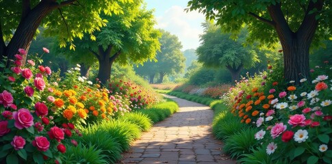 Winding Garden Path with Vibrant Flowers and Lush Greenery A Picturesque Idyllic Scene of Tranquility and Natural Beauty