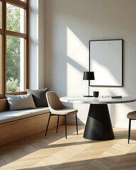 Sunlit modern office space with large window contemporary desk and chair featuring natural light and minimalist decor