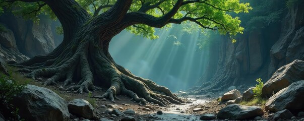 Ancient Gnarled Tree Roots Embrace Rocky Landscape, Suggesting a Mythical Beasts Slumber ? Dark, Mysterious Fantasy Image