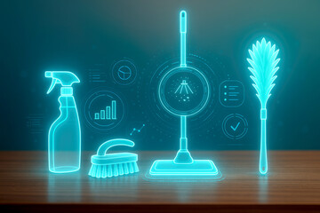 Neon Blue Holographic Cleaning Tools with Data Visualization Elements supplies spray bottle