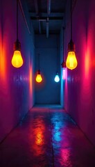 Vibrant Light Bulbs Illuminate Dark Room, Casting Energetic Shadows Perfect for Innovation and Inspiration Stock Photo
