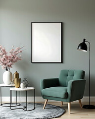 Modern living room mockup with teal armchair and blank frame for artwork or photography display