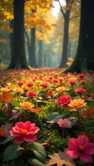 Vibrant Autumnal Blooms Carpet Woodland Floor in Dappled Sunlight Stunning Close-Up