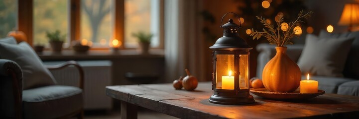Warm Glowing Lantern on Rustic Wooden Table in Cozy Living Room, Autumn Home Decor, Hygge Atmosphere