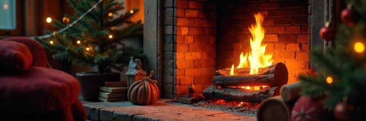 Warm & Inviting Festive Fireplace Scene Glowing Embers, Decorative Logs, Cozy Holiday Mantelpiece Decor Perfect for Winter, Christmas, and Home Decor