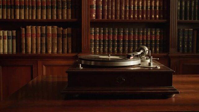 An antique gramophone for music is isolated on a table with old literature books from a library bookshelf