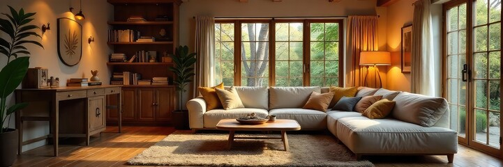 Relaxing Family Living Room with Warm Lighting, Comfortable Furniture, and Inviting Decor Perfect for Cozy Evenings and Quality Time at Home