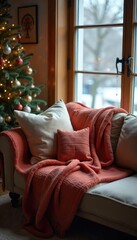 Cozy Winter Living Room Plush Couch, Soft Blankets, Warm Lighting - Perfect for Relaxation and Comfort on a Cold Day