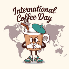Cartoon coffee cup character celebrating international coffee day with a world map background