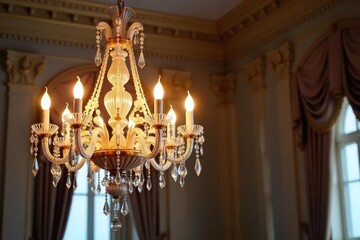 Elegant Crystal Chandelier Illuminates Grand Room, Casting Warm Light on Ornate Classical Details. Perfect for Interior Design, Architecture, and Luxury Lifestyle Projects.